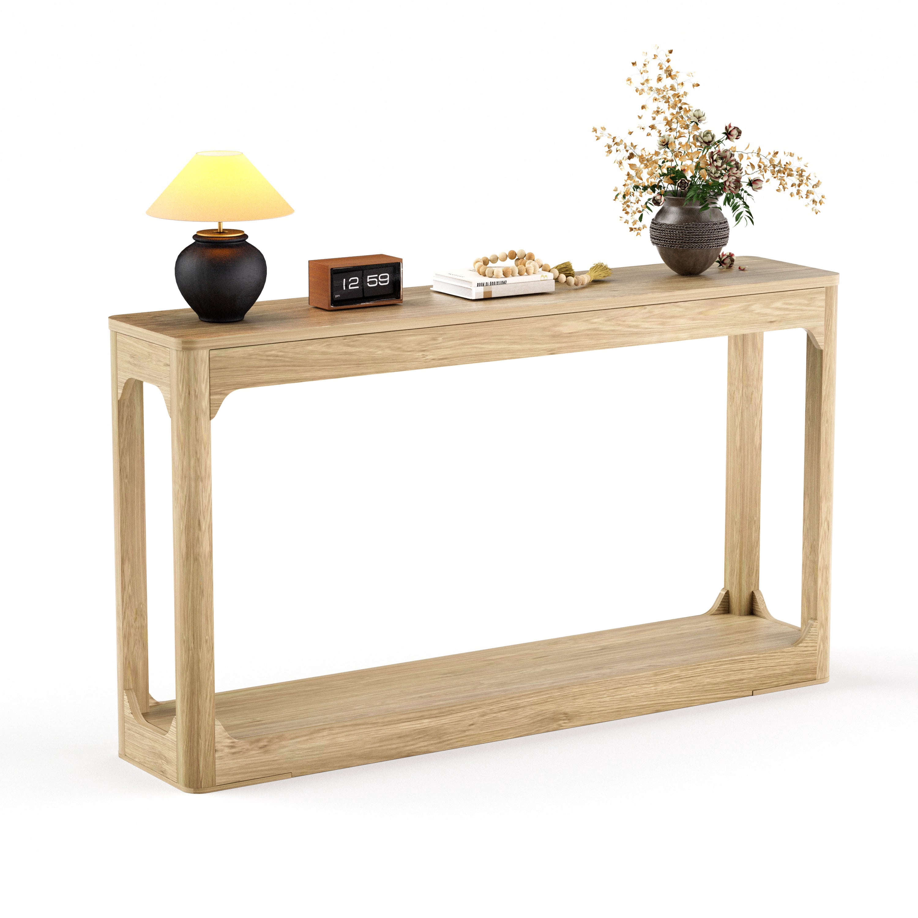 55.1" Curved-Leg Wooden Console Table, Slim Minimalist Storage Side Table, Natural Wood Sofa Table for Entryway, Hallway, Living Room