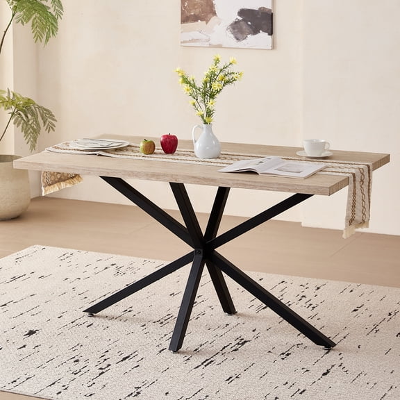 55.1" Dining Table for 4, Small Rectangular Mid Century Modern Kitchen Table with Metal Cross Legs for Restaurant Apartment Meeting Study Room (Only Table), Natural Stone Grain