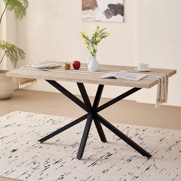 55.1" Dining Table for 4, Small Rectangular Mid Century Modern Kitchen Table with Metal Cross Legs for Restaurant Apartment Meeting Study Room (Only Table), Natural Stone Grain