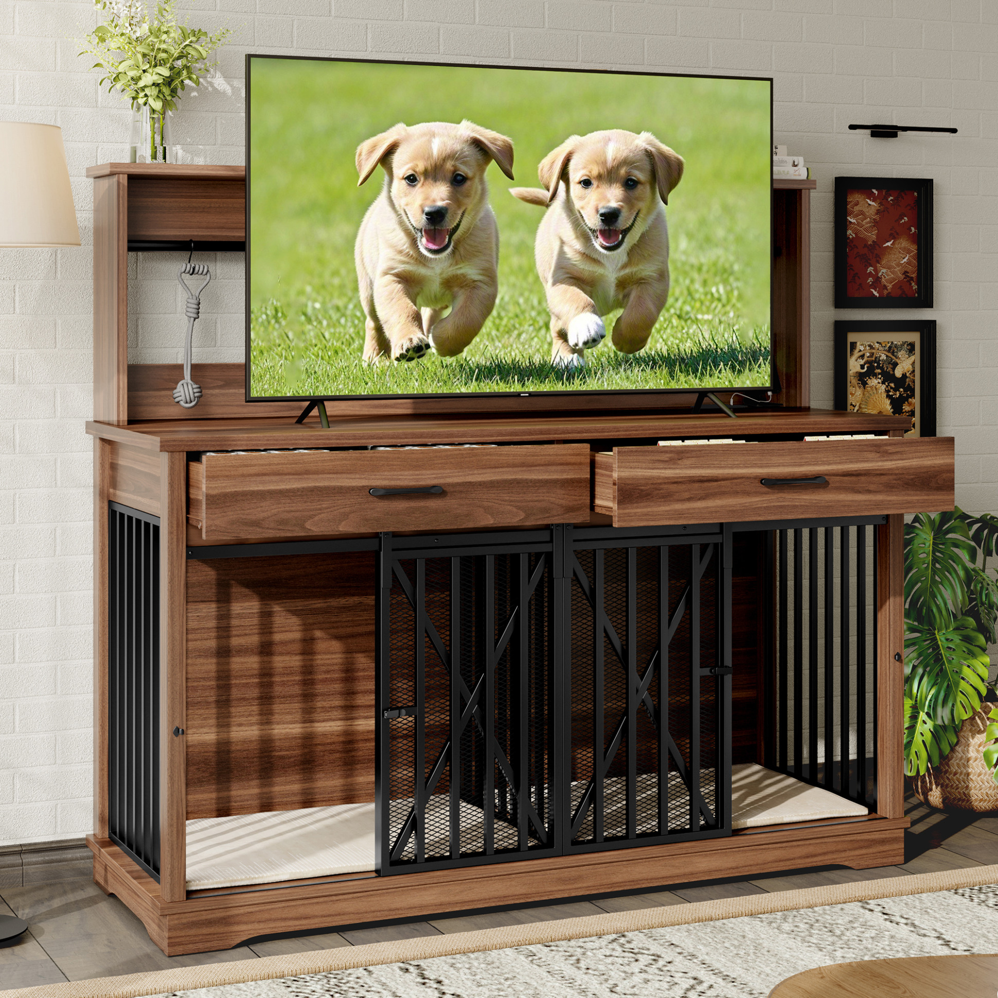 55.1" Dog Crate Furniture for Large/2 Medium Dogs, Heavy Duty Cage ...