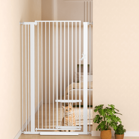 55.1" Extra Tall Cat Gate, Fits 29.5-35" Wide Openings, with Cat Door, Pressure Mounted Pet Gate for Stairs, Doorways, Kitchen, White