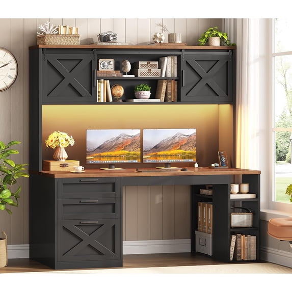 55.1" Farmhouse Computer Desk with 3 Drawers and Storage Shelves, Home Office Desk with Hutch and LED Lights