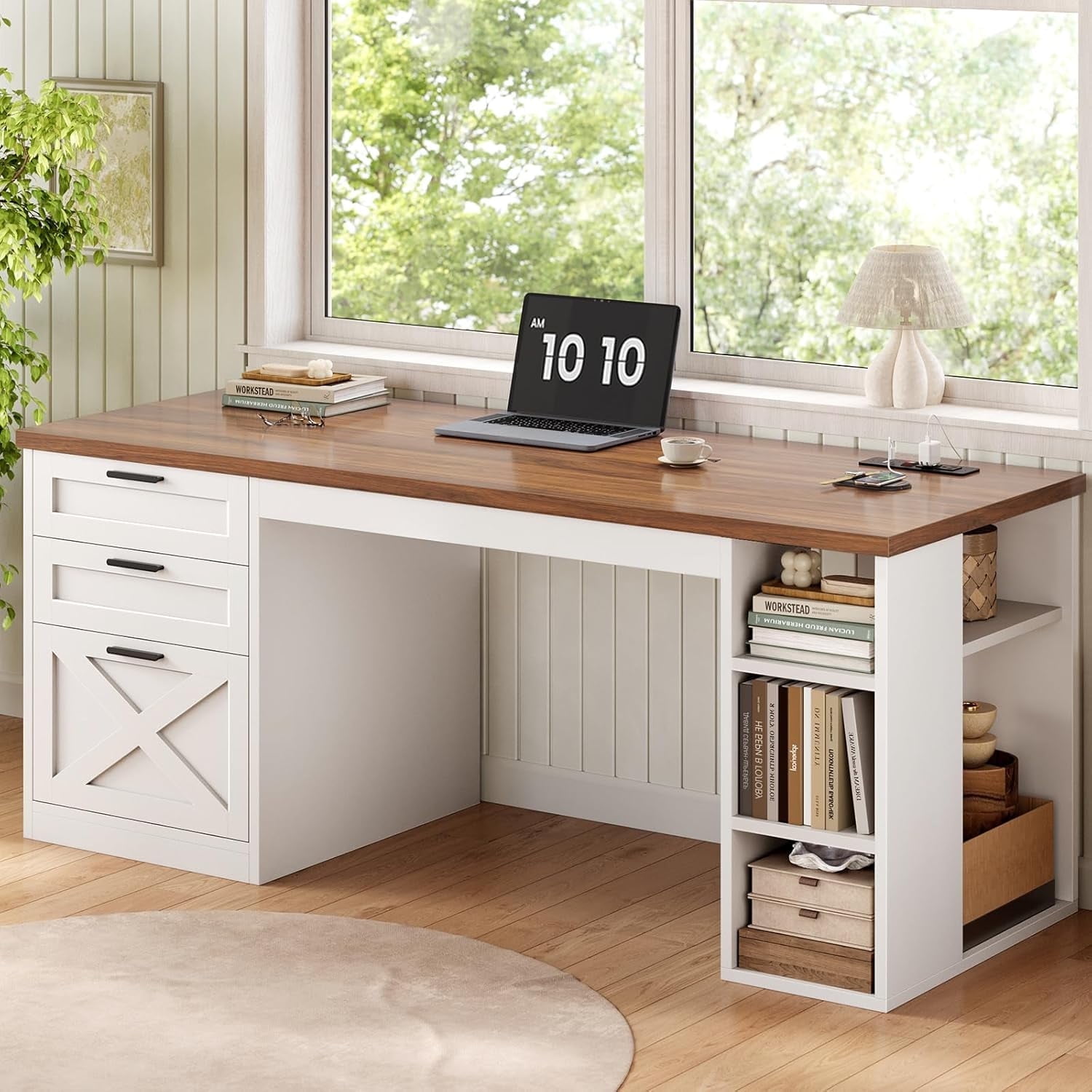 55.1" Farmhouse Desk with 3 Drawers & Open Shelves, Home Office Desk with Power Outlets & File Drawer, Wood Desk with Ample Storage, Computer Desk for Bedroom, White & Brown Top