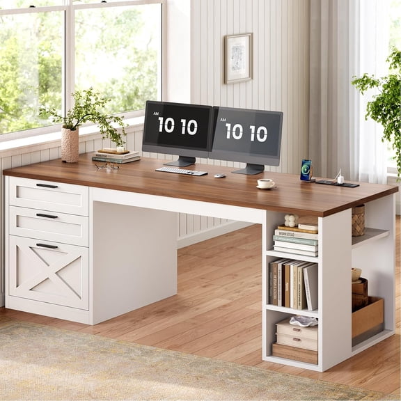55.1" Farmhouse Office Desk with 3 Drawers for Home Office | Computer Desk with File Drawer & Storage Shelves,Executive Desk with Power Outlet for Home Office,,White and Brown