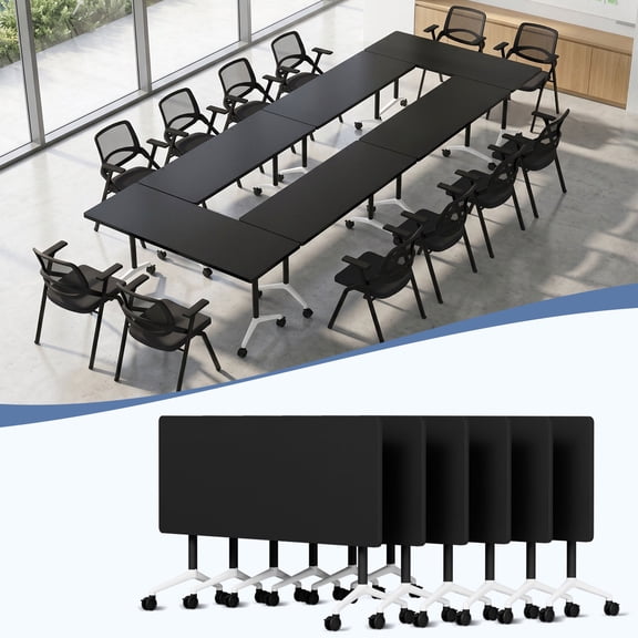 55.1" Folding Conference Table with Lockable Wheels, Mobile Flip Top Training Table, Rectangular Rolling Modular Meeting Table for Office Classroom, Black 6pack