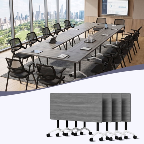 55.1" Folding Conference Table with Lockable Wheels, Mobile Flip Top Training Table, Rectangular Rolling Modular Meeting Table for Office Classroom, Gray 4pack