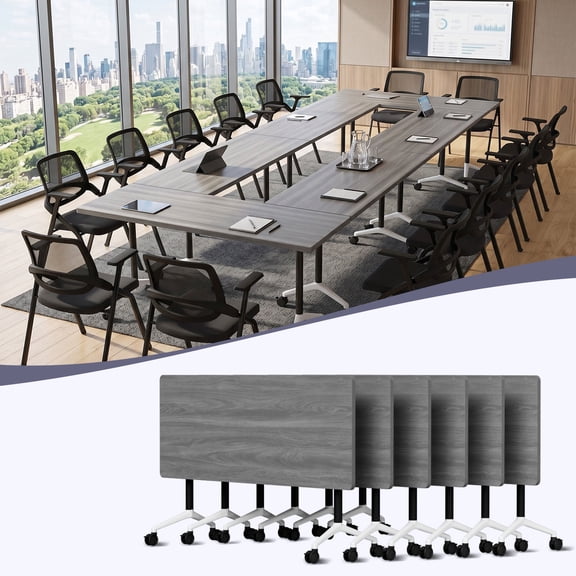 55.1" Folding Conference Table with Lockable Wheels, Mobile Flip Top Training Table, Rectangular Rolling Modular Meeting Table for Office Classroom, Gray 6pack