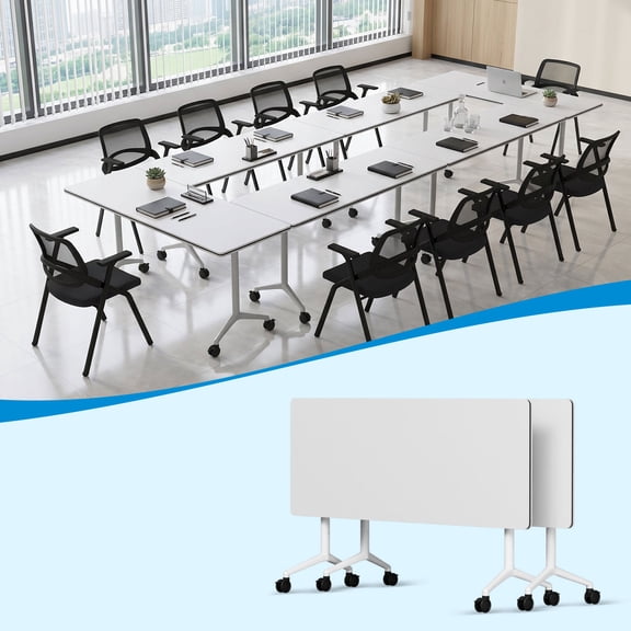 55.1" Folding Conference Table with Lockable Wheels, Mobile Flip Top Training Table, Rectangular Rolling Modular Meeting Table for Office Classroom, White 2pack