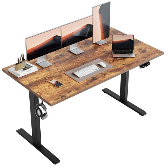 55.1 Inch Electric Height Adjustable Standing Desk, Ergonomic Home Office Desk with Memory Preset, Sit to Stand Computer Desk with Hooks, Rustic Brown