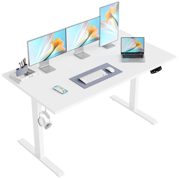 55.1 Inch Electric Height Adjustable Standing Desk, Ergonomic Home Office Desk with Memory Preset, Sit to Stand Computer Desk with Hooks, White