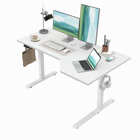 55.1 Inch Electric L-Shaped Height Adjustable Standing Desk, Sit to Stand Corner Desk with Memory Presets and Hooks, Ergonomic Home Office Computer Desk for Workstations, White