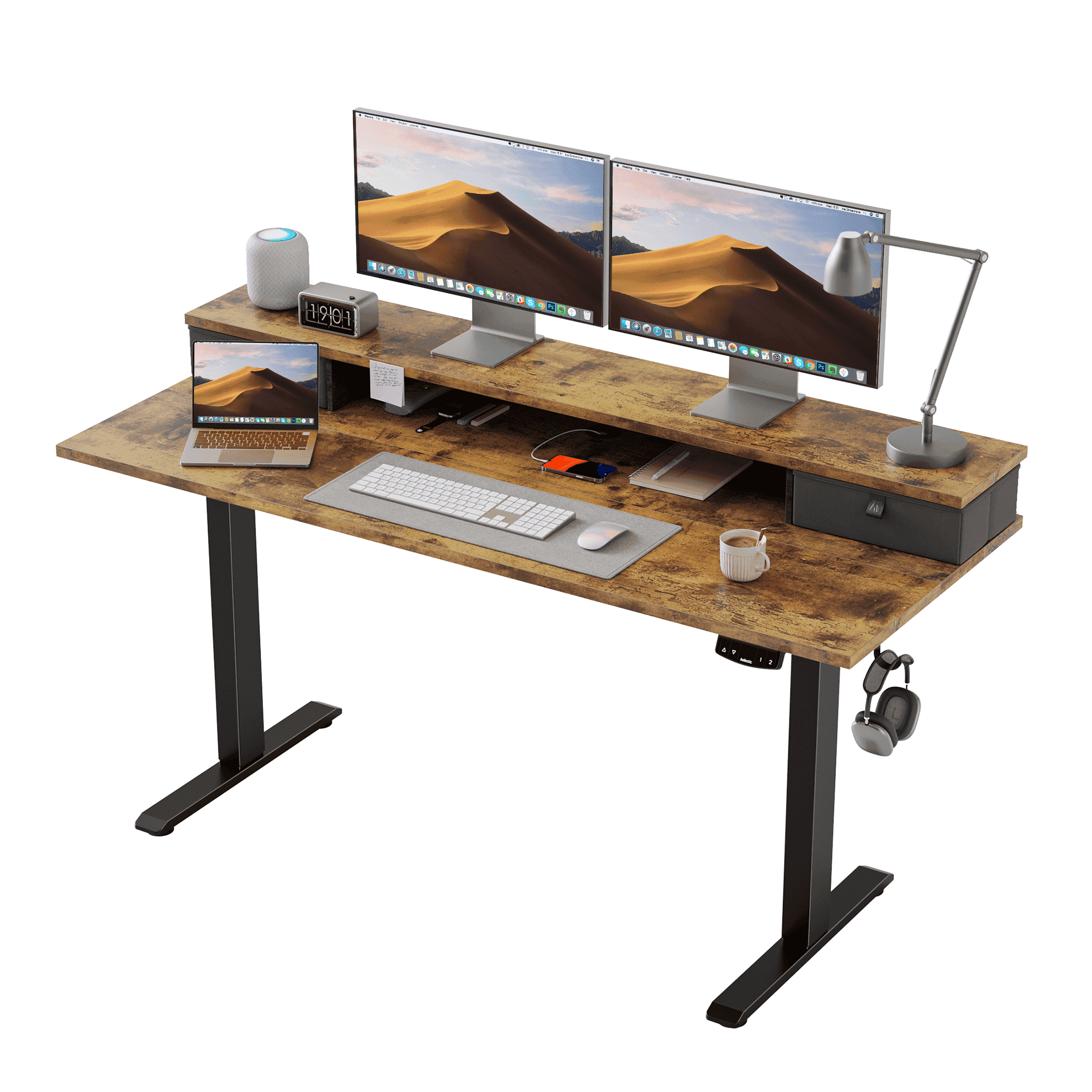 55.1 Inch Electric Standing Desk with 2 Drawers, Height Adjustable Desk with 2 Memory Keys, Ergonomic Sit-Stand Computer Desk with Hooks for Home Office, Rustic Brown