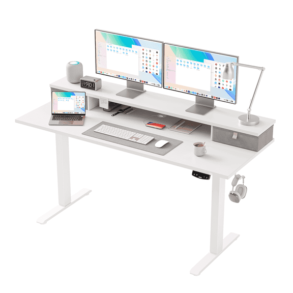 55.1 Inch Electric Standing Desk with 2 Drawers, Height Adjustable Desk with 2 Memory Keys, Ergonomic Sit-Stand Computer Desk with Hooks for Home Office, White