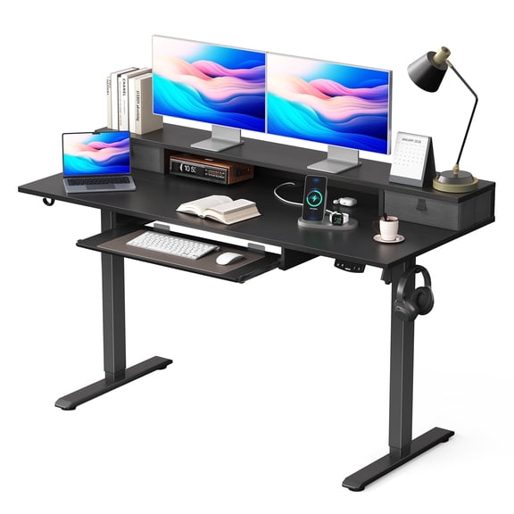 55.1 Inch Electric Standing Desk with 2 Drawers & Keyboard Tray, Adjustable Home Office Desk Ergonomic Sit to Stand Computer Desk with Hooks for Gaming & Work,Black