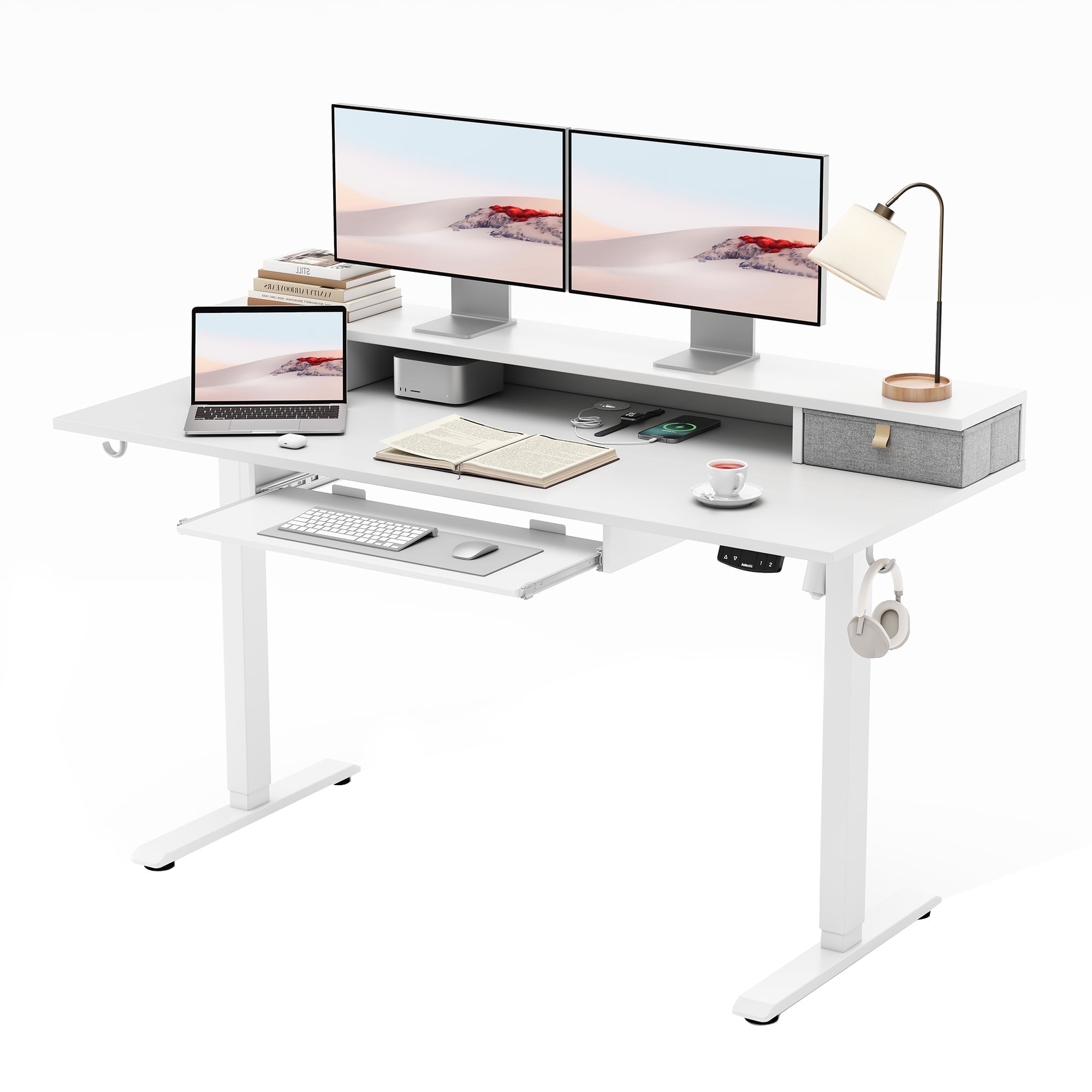 55.1 Inch Electric Standing Desk with 2 Drawers & Keyboard Tray, Adjustable Home Office Desk Ergonomic Sit to Stand Computer Desk with Hooks for Gaming & Work,White