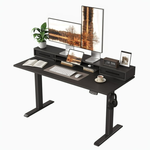 55.1 Inch Electric Standing Desk with Double Drawers & Stand up Desk with Storage Shelf, Height Adjustable Ergonomic Home Office Desk with Hooks, Computer Workstation for Home and Office, Black