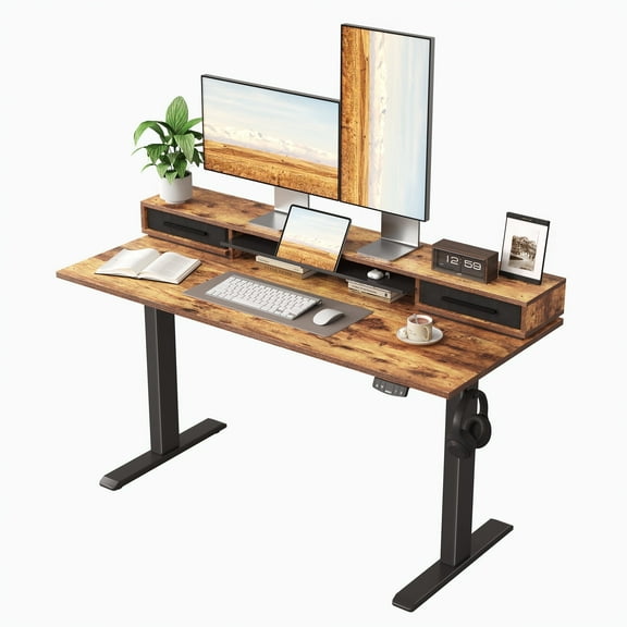 55.1 Inch Electric Standing Desk with Double Drawers & Stand up Desk with Storage Shelf, Height Adjustable Ergonomic Home Office Desk with Hooks, Computer Workstation for Home and Office, Rustic Brow