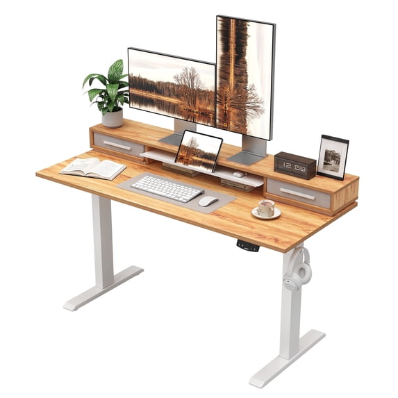 55.1 Inch Electric Standing Desk with Double Drawers ,Stand up Desk with Storage Shelf, Height Adjustable Home Office Desk with Hooks, Computer Workstation for Home and Office, Light Rustic Brown