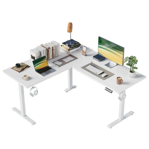55.1 Inch L-Shaped Standing Desk, Large Electric Height Adjustable Ergonomic Home Office Computer Desk with 3 Memory Buttons and Cable Management, Corner Desk for Home & Office Workstations, White
