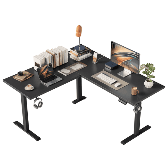 55.1 Inch L-Shaped Standing Desk, Large Electric Height Adjustable Ergonomic Home Office Computer Desk with 3 Memory Buttons and Cable Management, Corner Desk for Home & Office Workstations, Black