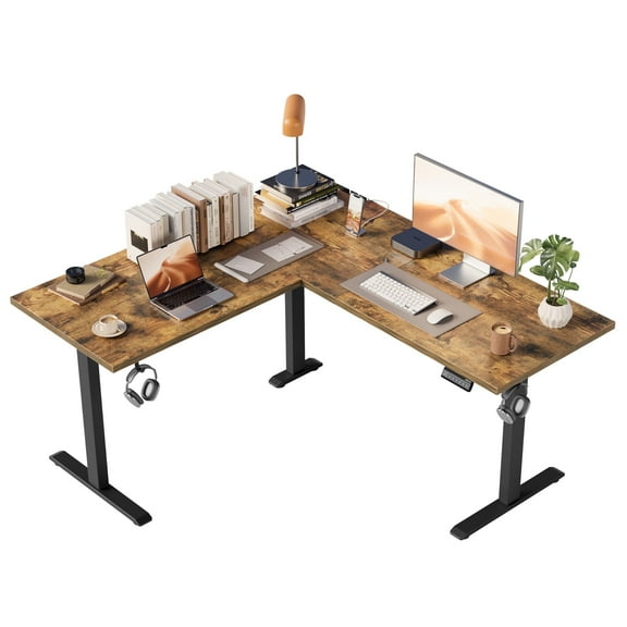 55.1 Inch L-Shaped Standing Desk, Large Electric Height Adjustable Ergonomic Home Office Computer Desk with Cable Management, Corner Desk for Home & Office Workstations, Rustic Brown