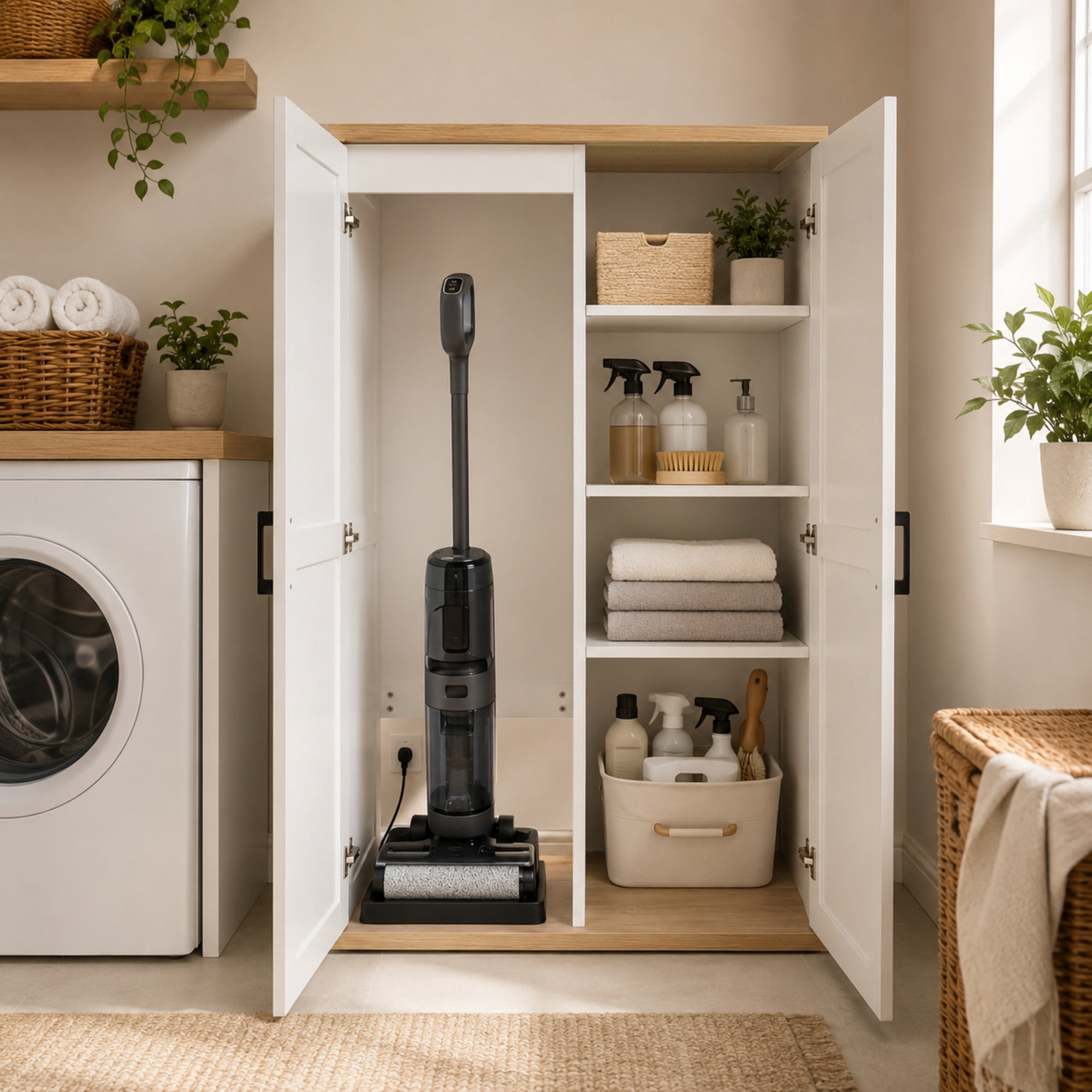 55.1-Inch Tall Vacuum Storage Cabinet with 2 Doors and Adjustable Shelf, Broom Closet Organizer and Cleaning Tool Cabinet for Garage, White