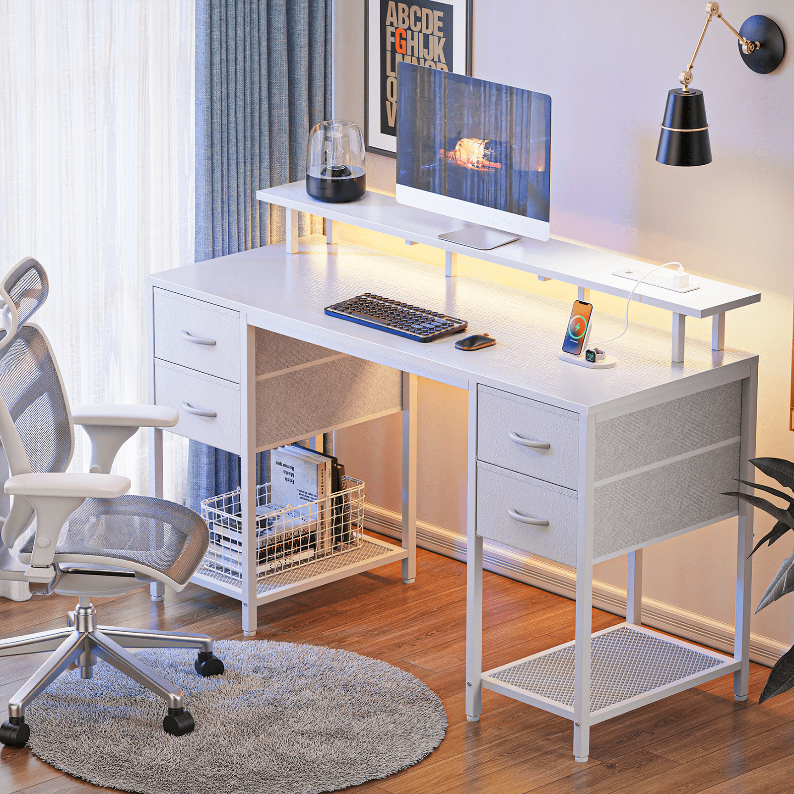 55.1" LED Gaming Desk with Drawers, Computer Desk with Outlets, Office Desk with 4 Drawers, Corner Desk, Writing Desk in White