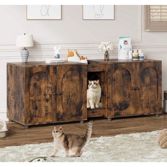 55.1" Large Cat Litter Box Enclosure Furniture with Rattan Doors, Double Litter Cabinet for Two Cats with Hidden Design and Storage, Brown