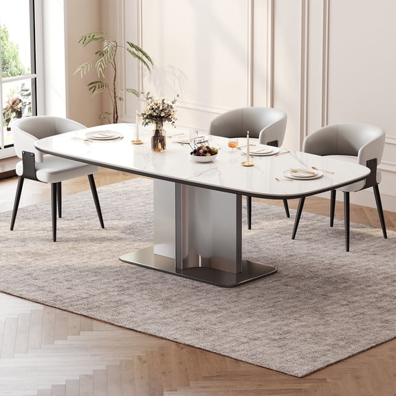 55.1" Dining Table, Modern Square Sintered Stone Dining Table for 4-6 People, Scratch Heat Resistant Kitchen Table with Sturdy Steel Base