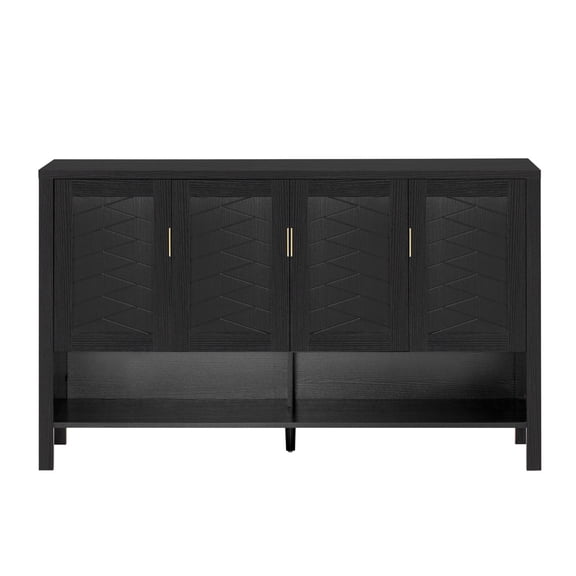 55.1" Modern Storage Sideboard Cabinet, 4-Door Buffet Cabinet with Adjustable Shelves, Open Shelf & Hooks for Living Room Dining Room Entryway, Black