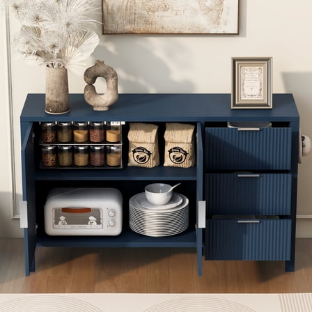55.1" Modern Wave-Pattern Sideboard with 3 Drawers and 2 Doors, Large Storage Cabinet with Hooks and Extra Center Leg, Buffet Cabinet  for Living Room Entryway Hallway, Navy Blue