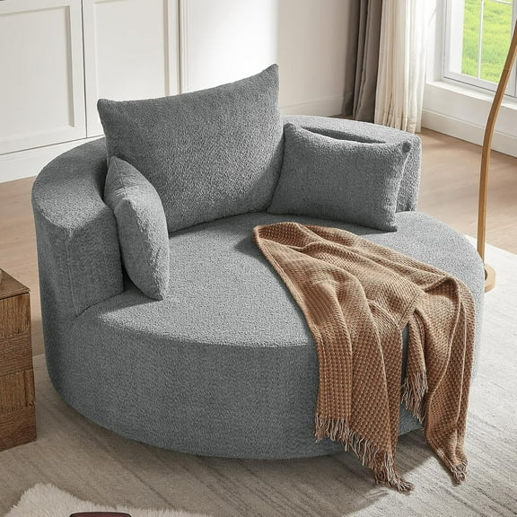 55.1" Oversized Swivel Barrel Chair, Large Round Accent Chair with Pillows, Plush Chenille Fabric for Living Room, Beige