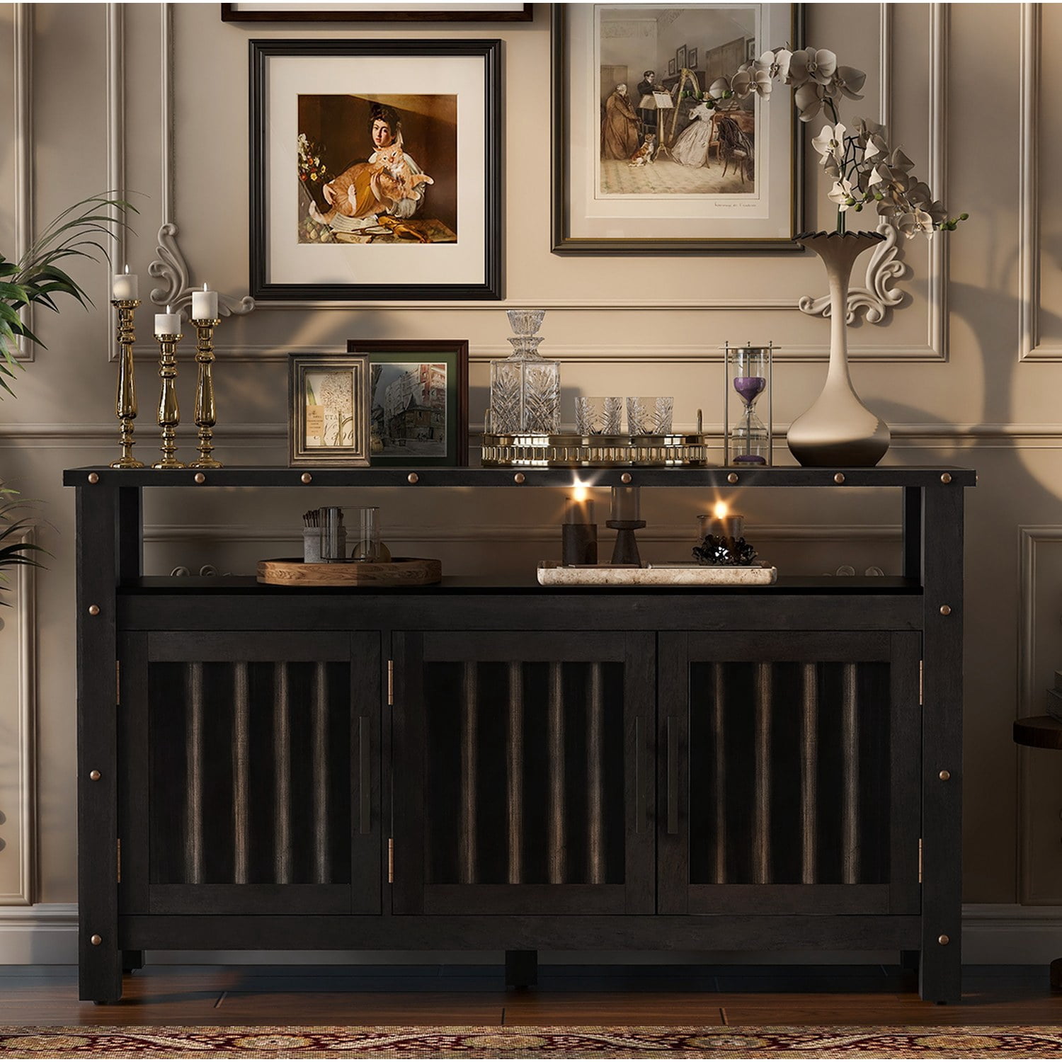 55.1"Pine Wood Buffet Cabinet With 3-door Storage, Sideboard Cabinet with Dual Storage areas,Coffee Bar With Metal Handles And Exposed Metal Rivets For Dining Room, Kitchen, Living Room