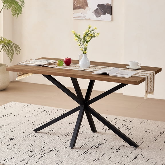 55.1" Rectangle Dining Table for 2 4 Person, Small Mid Century Modern Kitchen Table with Metal Cross Legs for Restaurant, Apartment, Brown Dining Room Table for Meeting Study Room (Only Table)