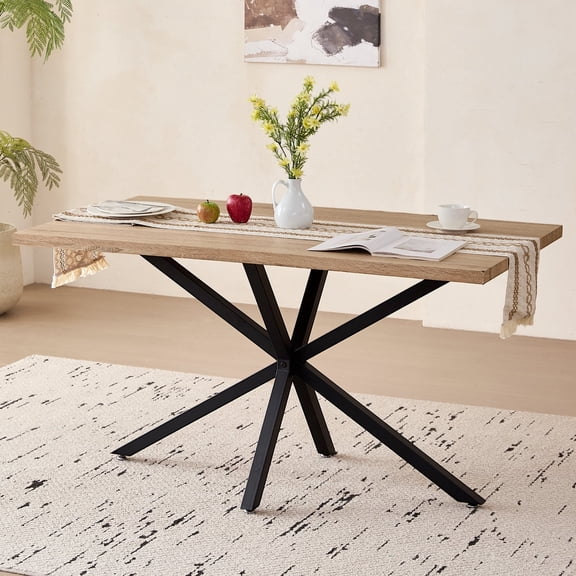 55.1" Rectangle Dining Table for 2 4 Person, Small Mid Century Modern Kitchen Table with Metal Cross Legs for Restaurant, Apartment, Oak Dining Room Table for Meeting Study Room (Only Table)