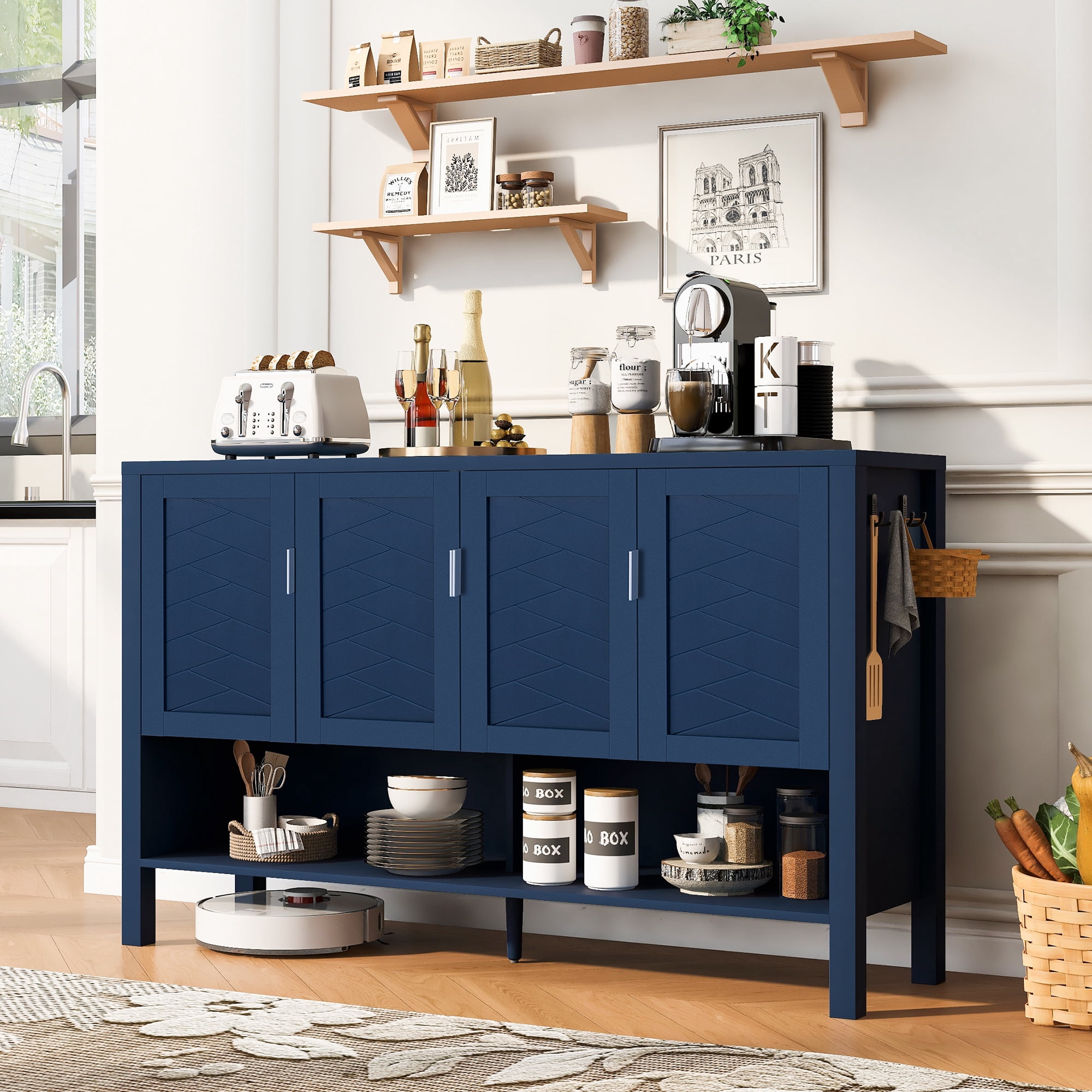 55.1" Storage Sideboard with 4-Doors, Buffet with Open Shelf and 2-Tiers Adjustable Shelves, Modern Cabinet with Double Hooks ,Suitable for Living Room, Hallway, Dining, Office