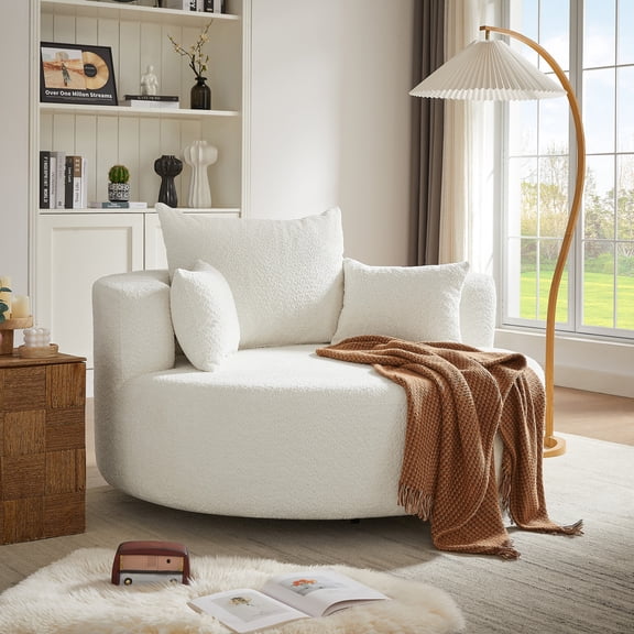 55.1" Swivel Accent Chair, Oversized Round Chair with 360-Degree Rotation, Chenille Upholstered Lounge Chair for Living Room & Bedroom, Includes 3 Throw Pillows(Beige)