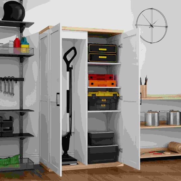 55.1 Tall White Wooden Vacuum Storage Cabinet with 2 Doors and Adjustable Shelf, Broom Closet for Living Room Kitchen Garage Utility Room Bathroom