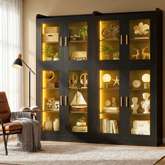 Homieasy 55.1''W 2 Piece Bookcase with LED Lights, Freestanding Display Cabinet with Glass Doors and Adjustable Shelves, Black