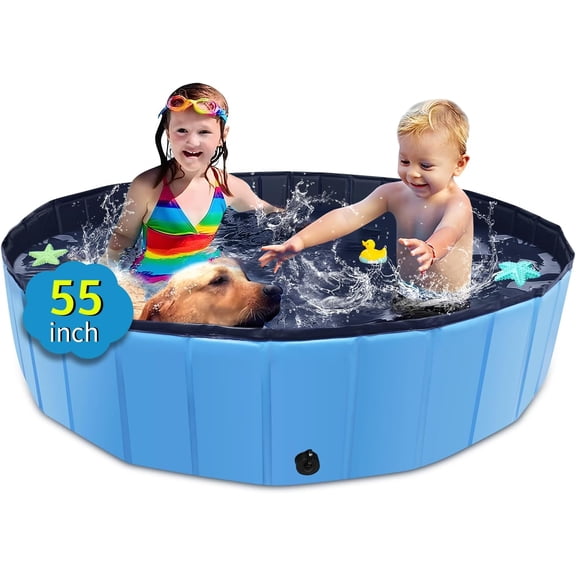 Foldable Dog Pool, 55" x 12" Kiddie Pool with Hard Plastic, Non-Slip Dog Bath Tub for Outdoor Backyard, Collapsible Dog Swimming Pool for Kids Dogs Pets (Blue)