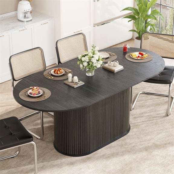 55.11"-70.86" Extendable Dining Table, with Striped Legs for Living Room & Kitchen(Black)
