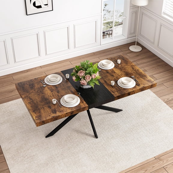 55.11" -70.86"Retro Rectangular Stretch Dining Table, Antique Wood Top And Black Relief Plate, Black Fine Sand Cross Iron Foot Base Dining Table, With Storage Box.   WL