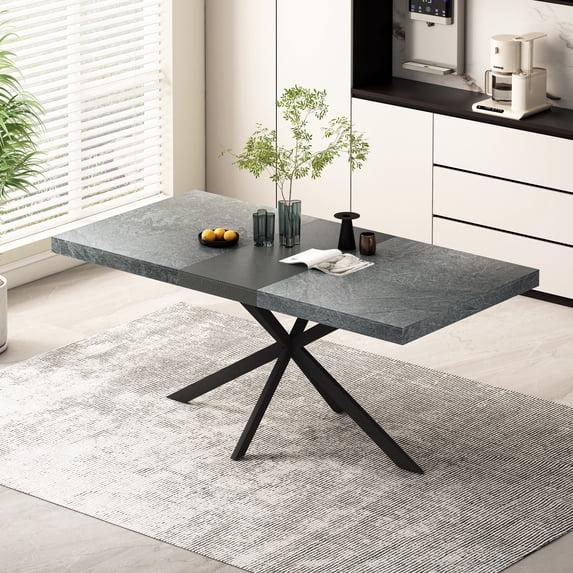 55.11" -70.86" Retro Rectangular Stretch Dining Table,Dark Grey stone Top And Black Relief Plate, Black Fine Sand Cross Iron Foot Base Dining Table, With Storage Box.