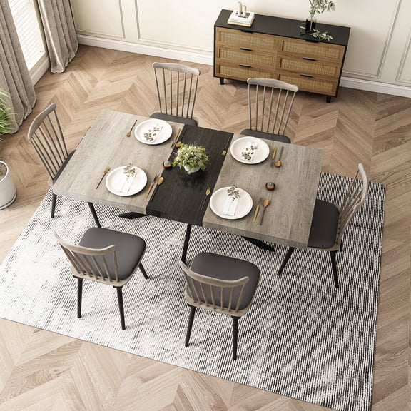 55.11'' -70.86"Retro Rectangular Stretch Dining Table, Grey Carole Top With Black Embossed Center Plate, Black Fine Sand Cross Iron Foot Base Dining Table, With Storage Box.