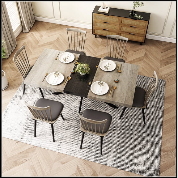 55.11'' -70.86"Retro Rectangular Stretch Dining Table, Grey Carole Top With Black Embossed Center Plate, Black Fine Sand Cross Iron Foot Base Dining Table, With Storage Box.