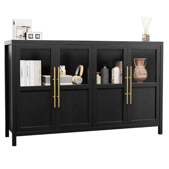 55.12" Buffet Sideboard Cabinet with 4 Glass Doors, Engineered Wood Storage Credenza, Adjustable Shelves, 200 lb Top Capacity, for Dining Room/Kitchen/Living Room, Black