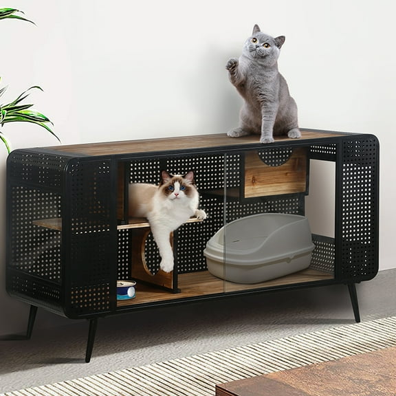 55.12" Cat House With 2 Sliding Tempered Glass Doors, Metal Spacious Pet Kennel With Hollow Out Design For Living Room Hallway Study Room And Other Spaces