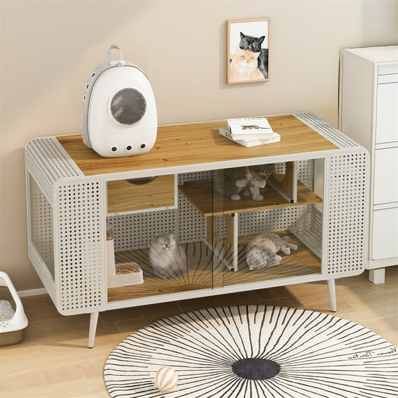 55.12" Cat House With Tempered Glass Door, Iron Frames Cat Villa House, Cat Cage Cabinet With Resting Platforms Cave For Living Room Hallway