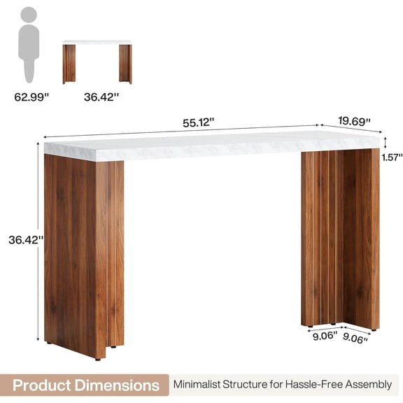 55.12-Inch Bar Table, Modern Counter Height Pub Table with Faux Marble Top, Rectangular Home Coffee Bar Unit for Kitchen Dining Room Living Room Balcony Basement, Walnut & White