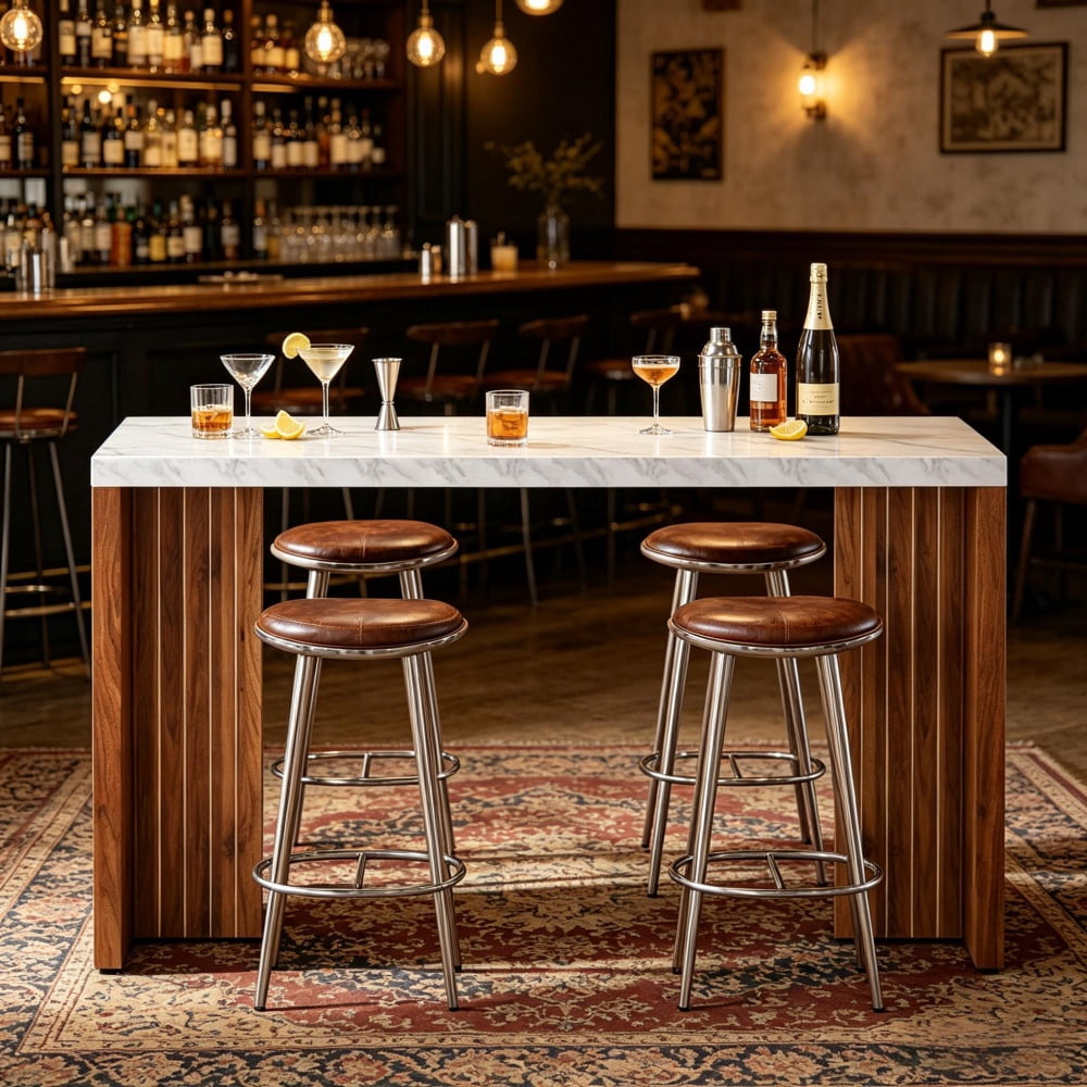55.12 Inch Counter Height Bar Table, Faux Marble Tabletop with Walnut Wood Legs, Modern Minimalist Pub Table for Kitchen Living Room Balcony Home Bar